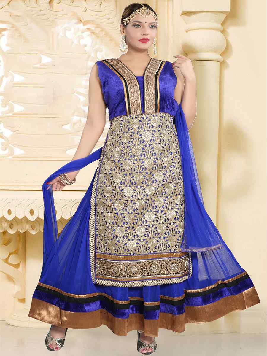 Blue Soft Net Printed Festival Casual Gown