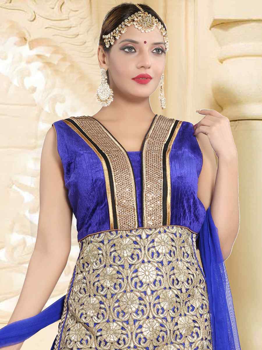 Blue Soft Net Printed Festival Casual Gown