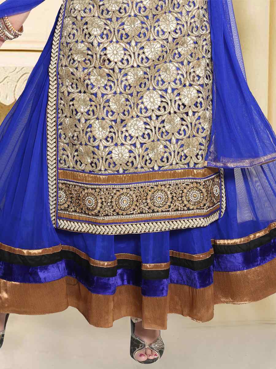 Blue Soft Net Printed Festival Casual Gown