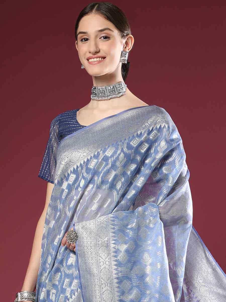 Blue Soft Organza Silk Handwoven Wedding Festival Heavy Border Saree