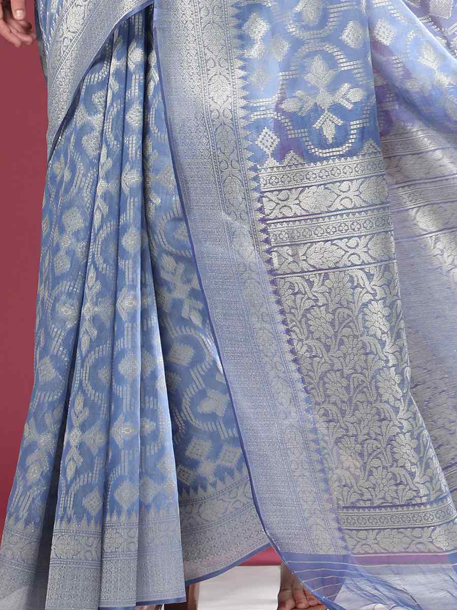 Blue Soft Organza Silk Handwoven Wedding Festival Heavy Border Saree