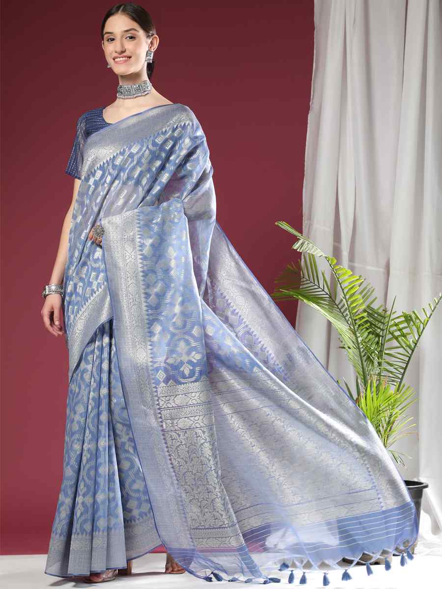 Blue Soft Organza Silk Handwoven Wedding Festival Heavy Border Saree