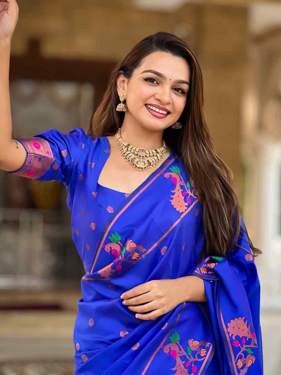 Blue Soft Pathani Silk Handwoven Festival Wedding Fancy Heavy Border Saree