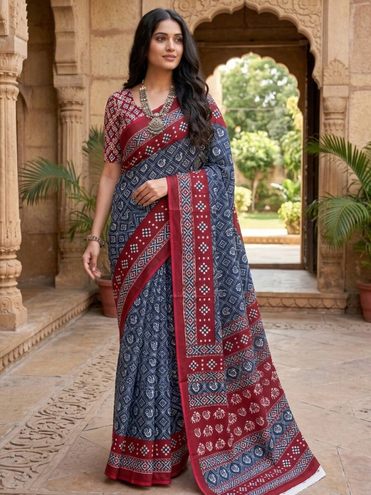 Image of Blue Soft Pure Cotton Printed Party Festival Casual Classic Style Sarees