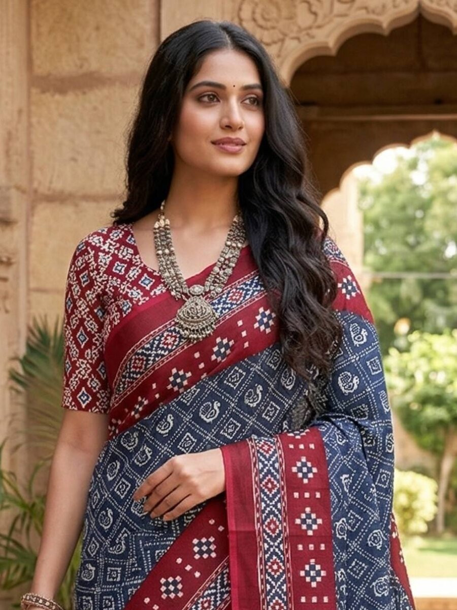 Blue Soft Pure Cotton Printed Party Festival Casual Classic Style Sarees