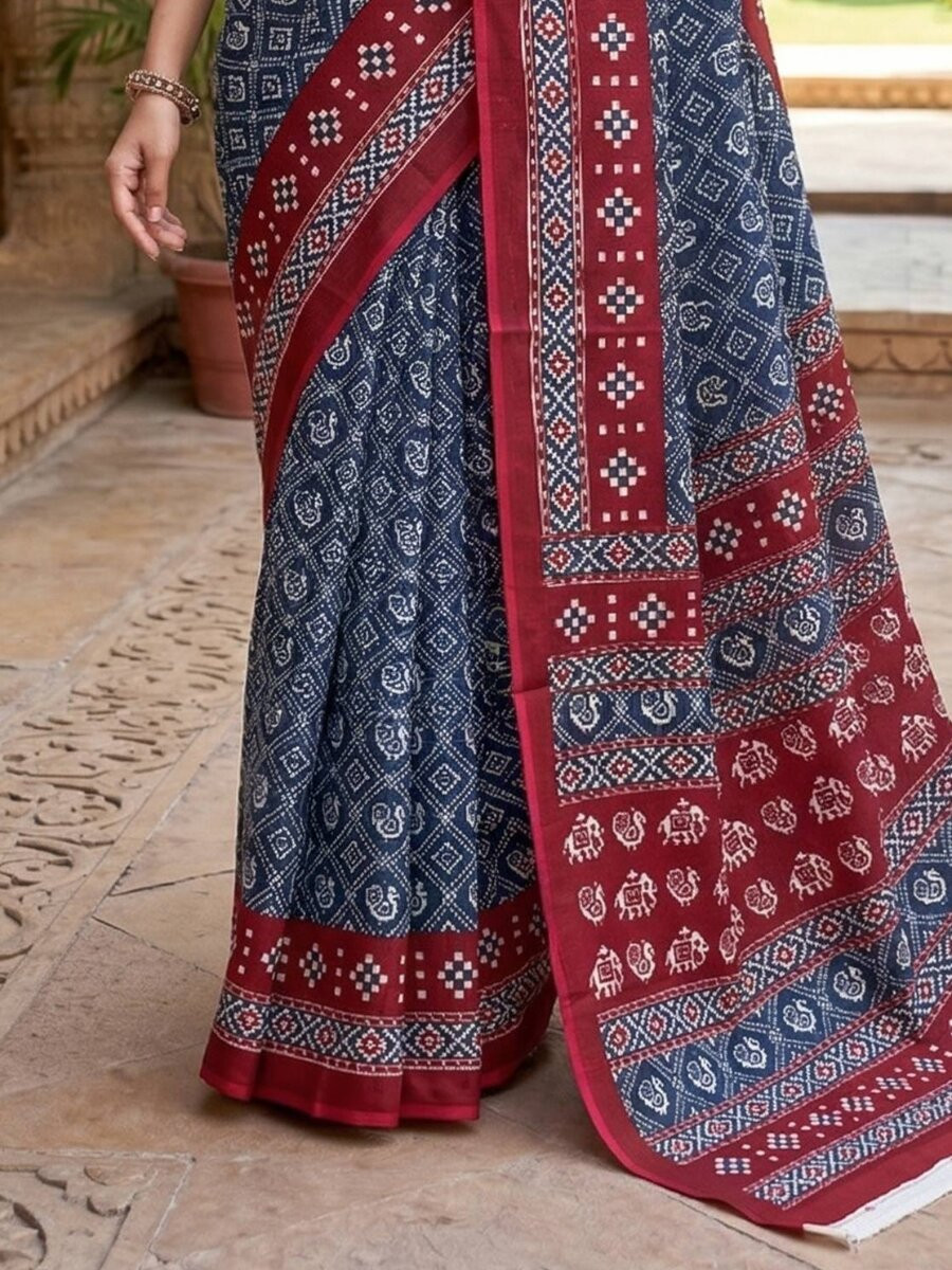 Blue Soft Pure Cotton Printed Party Festival Casual Classic Style Sarees
