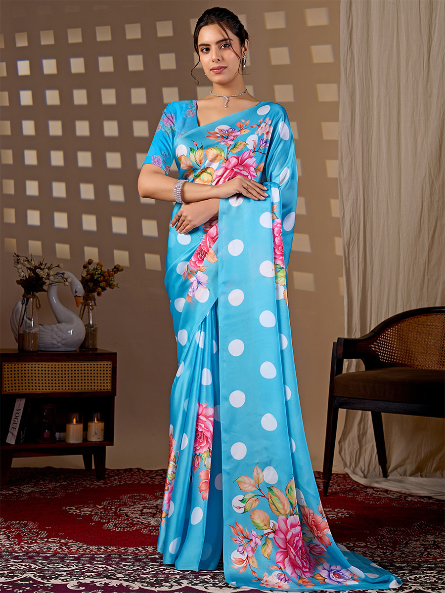 Blue Soft Satin Georgette Printed Wedding Reception Party Festival Casual Heavy Border Sarees