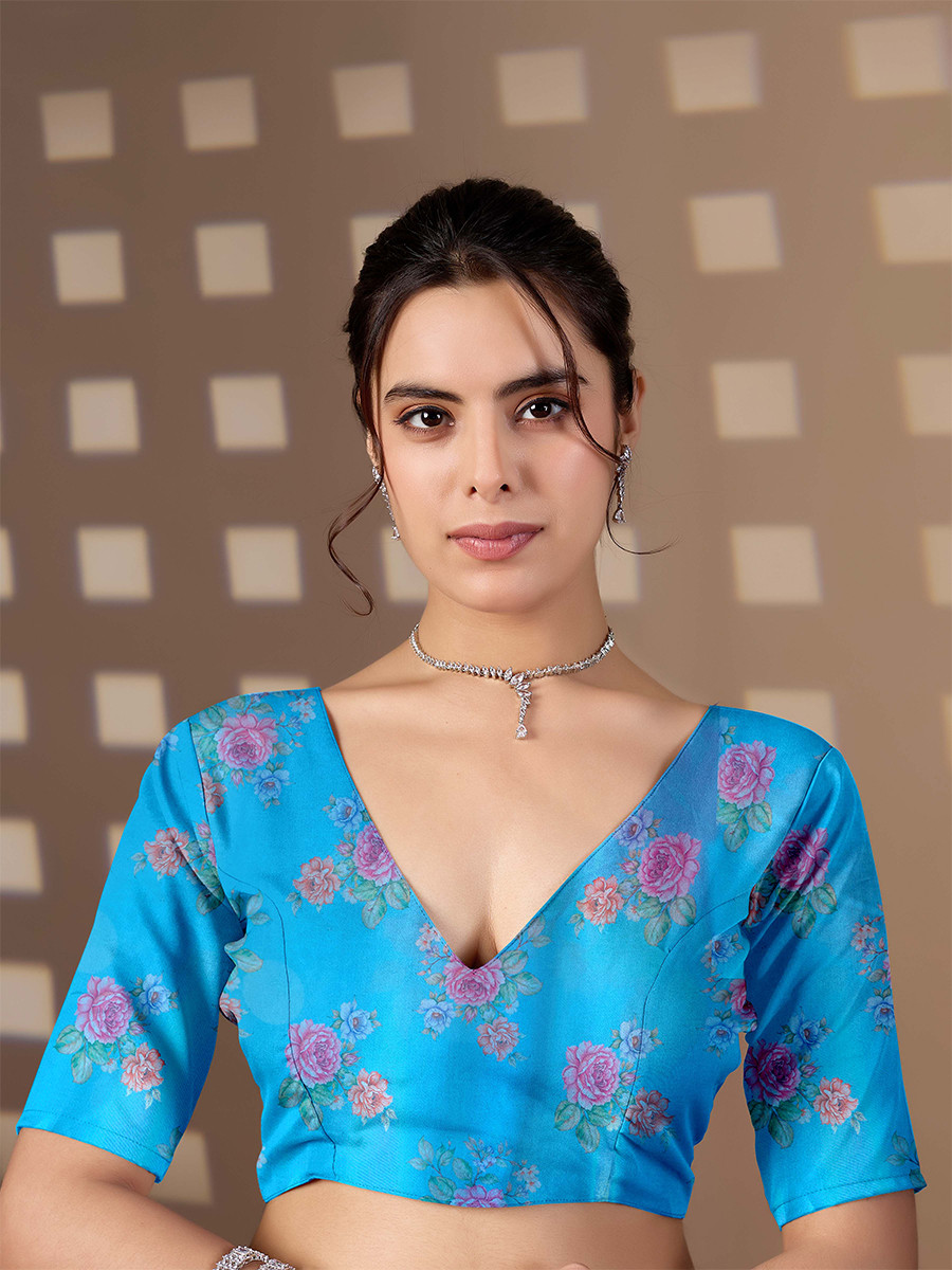 Blue Soft Satin Georgette Printed Wedding Reception Party Festival Casual Heavy Border Sarees