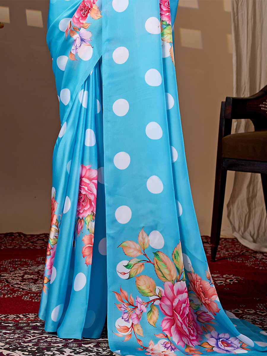 Blue Soft Satin Georgette Printed Wedding Reception Party Festival Casual Heavy Border Sarees