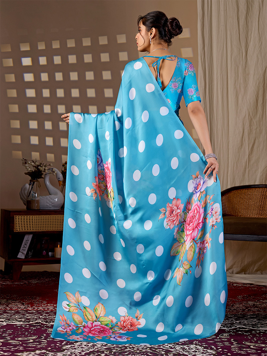 Blue Soft Satin Georgette Printed Wedding Reception Party Festival Casual Heavy Border Sarees