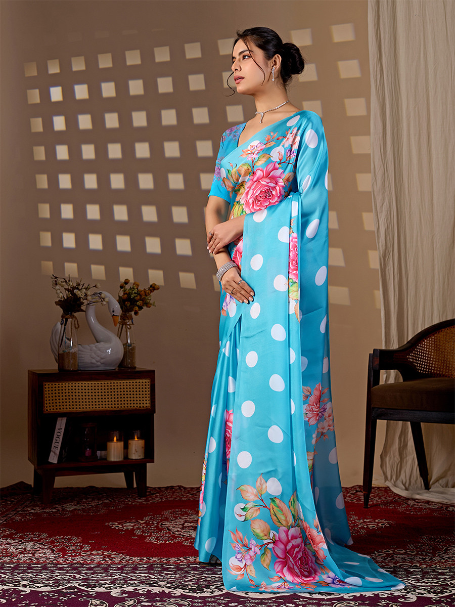 Blue Soft Satin Georgette Printed Wedding Reception Party Festival Casual Heavy Border Sarees