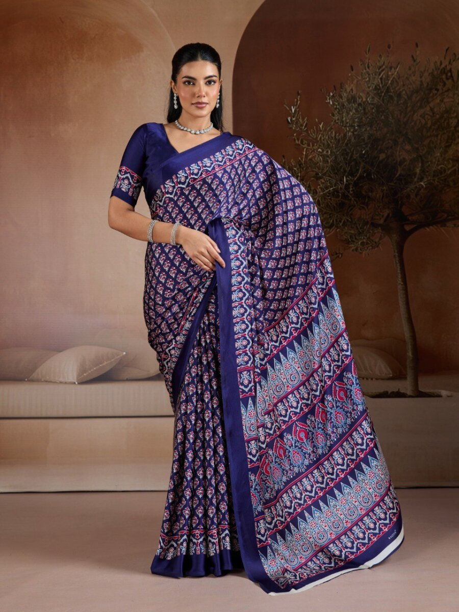 Blue Soft Satin Georgette Printed Wedding Reception Party Festival Casual Heavy Border Sarees