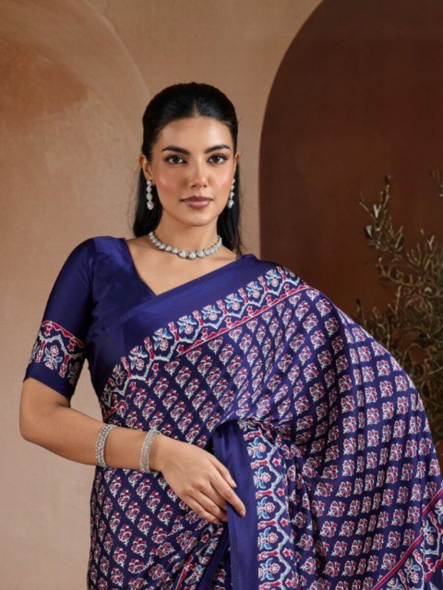 Blue Soft Satin Georgette Printed Wedding Reception Party Festival Casual Heavy Border Sarees