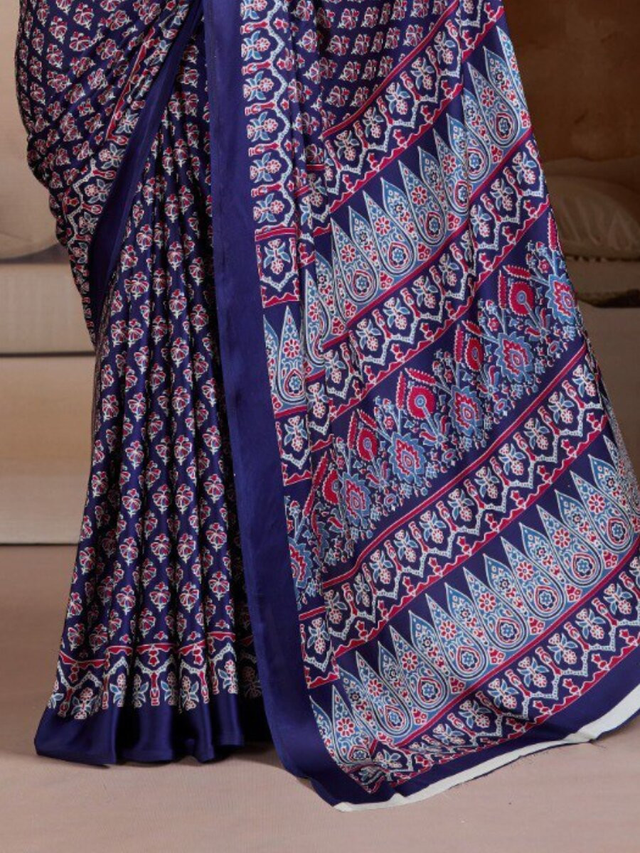 Blue Soft Satin Georgette Printed Wedding Reception Party Festival Casual Heavy Border Sarees