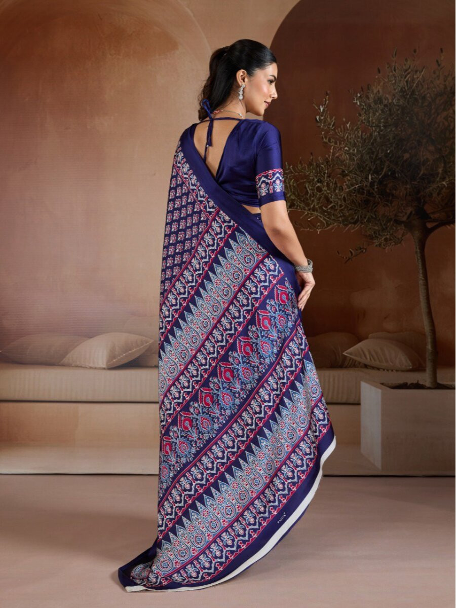Blue Soft Satin Georgette Printed Wedding Reception Party Festival Casual Heavy Border Sarees