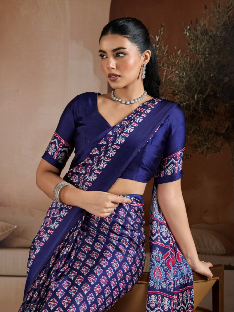 Blue Soft Satin Georgette Printed Wedding Reception Party Festival Casual Heavy Border Sarees