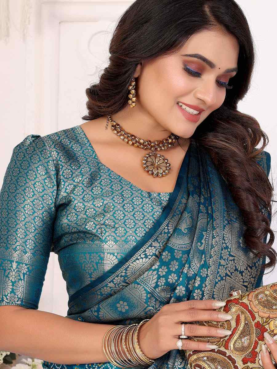 Blue Soft Satin Silk Handwoven Festival Wedding Fancy Heavy Border Saree