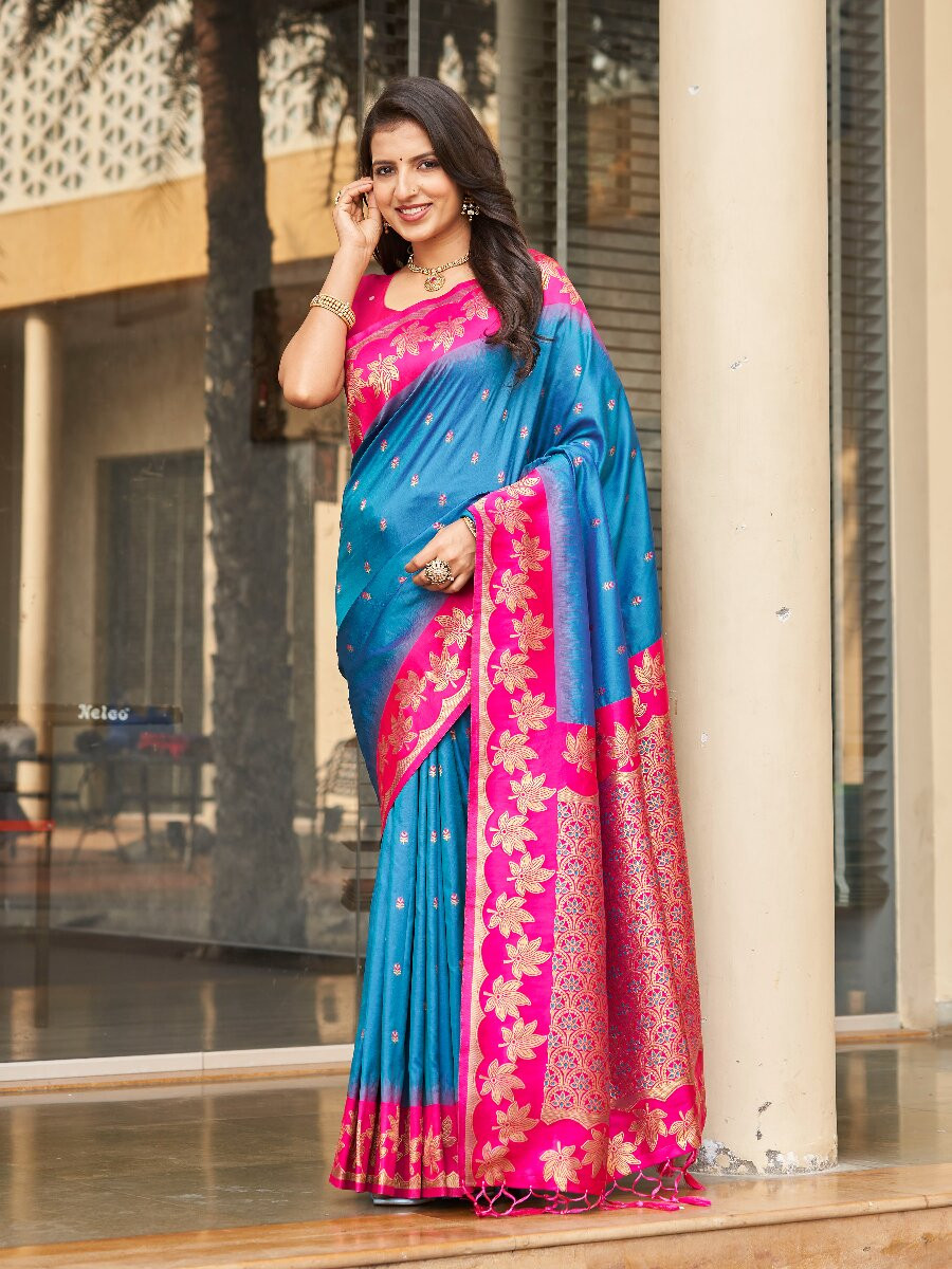 Blue Soft Silk Banarasi Zari Weaves Meenakari Work Wedding Reception Party Festival Casual Heavy Border Sarees