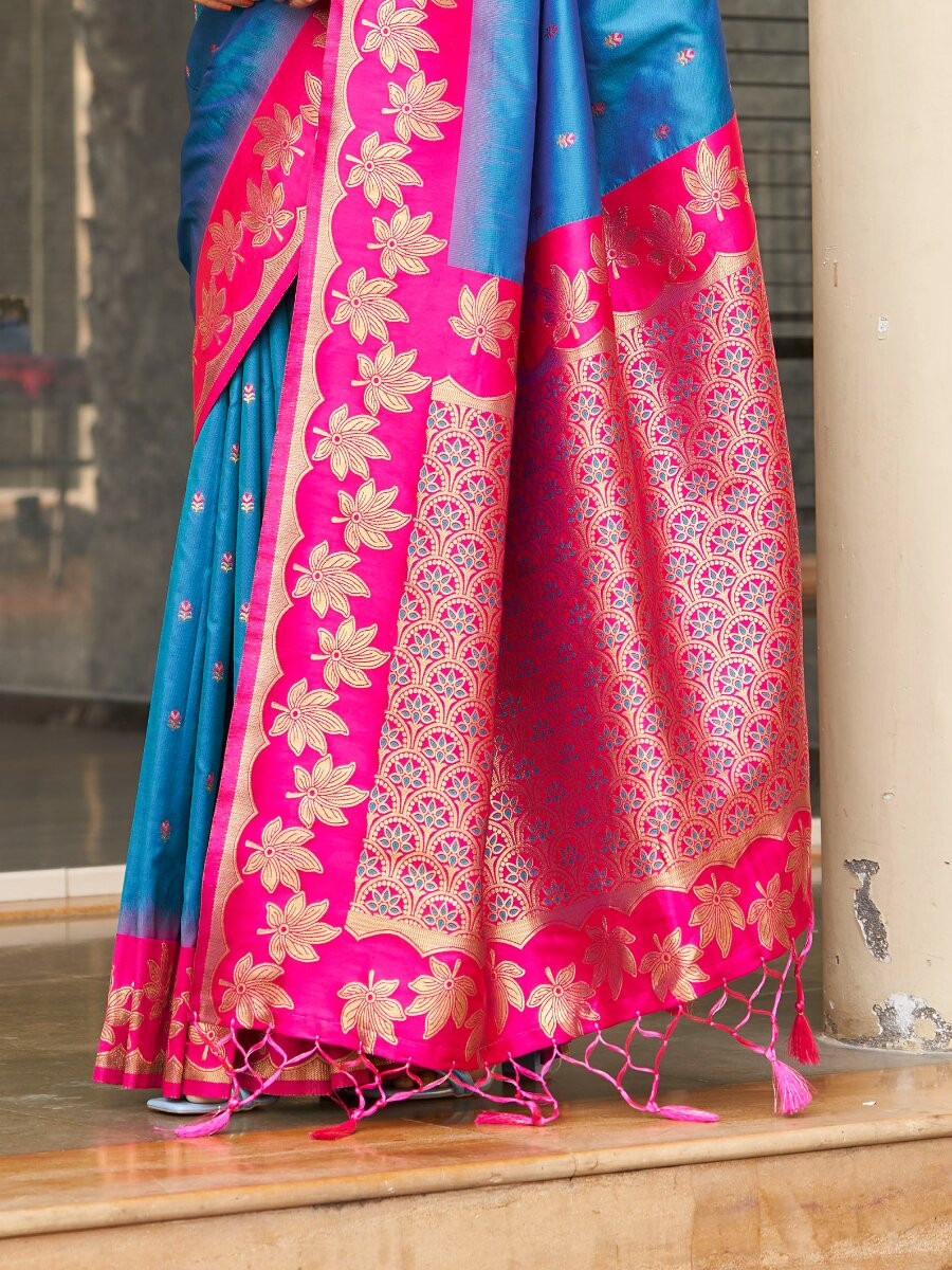 Blue Soft Silk Banarasi Zari Weaves Meenakari Work Wedding Reception Party Festival Casual Heavy Border Sarees