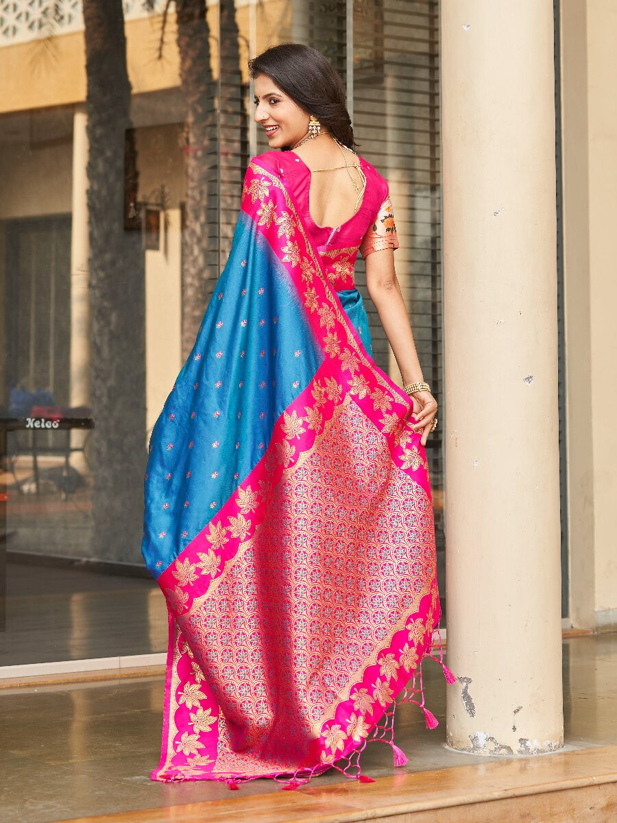 Blue Soft Silk Banarasi Zari Weaves Meenakari Work Wedding Reception Party Festival Casual Heavy Border Sarees