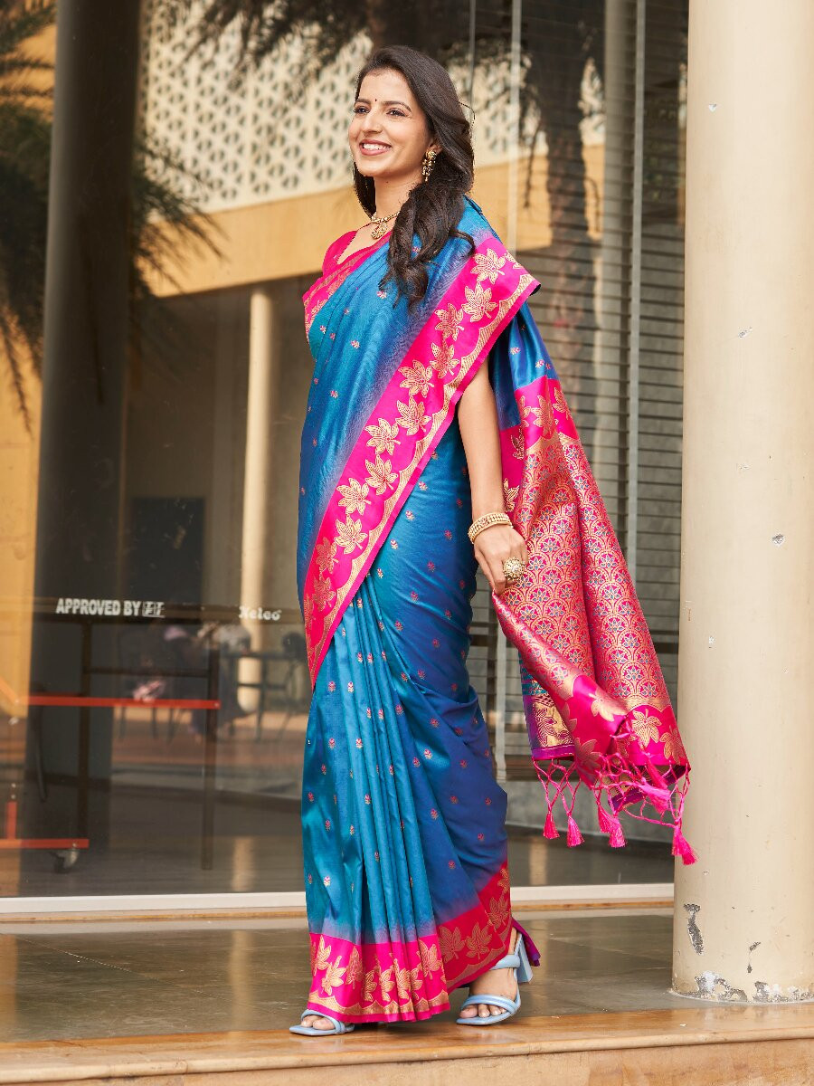 Blue Soft Silk Banarasi Zari Weaves Meenakari Work Wedding Reception Party Festival Casual Heavy Border Sarees
