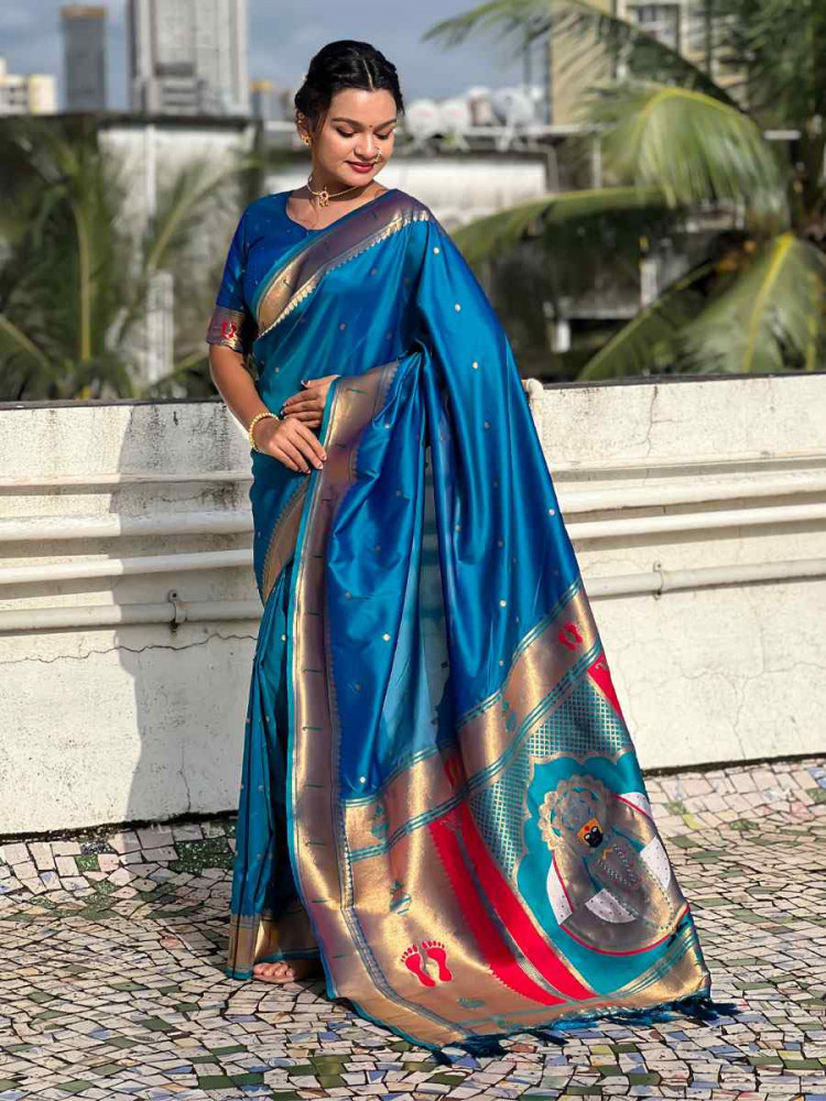 Image of Blue Soft Silk Handwoven Casual Reception Festival Wedding Fancy Classic Style Sarees