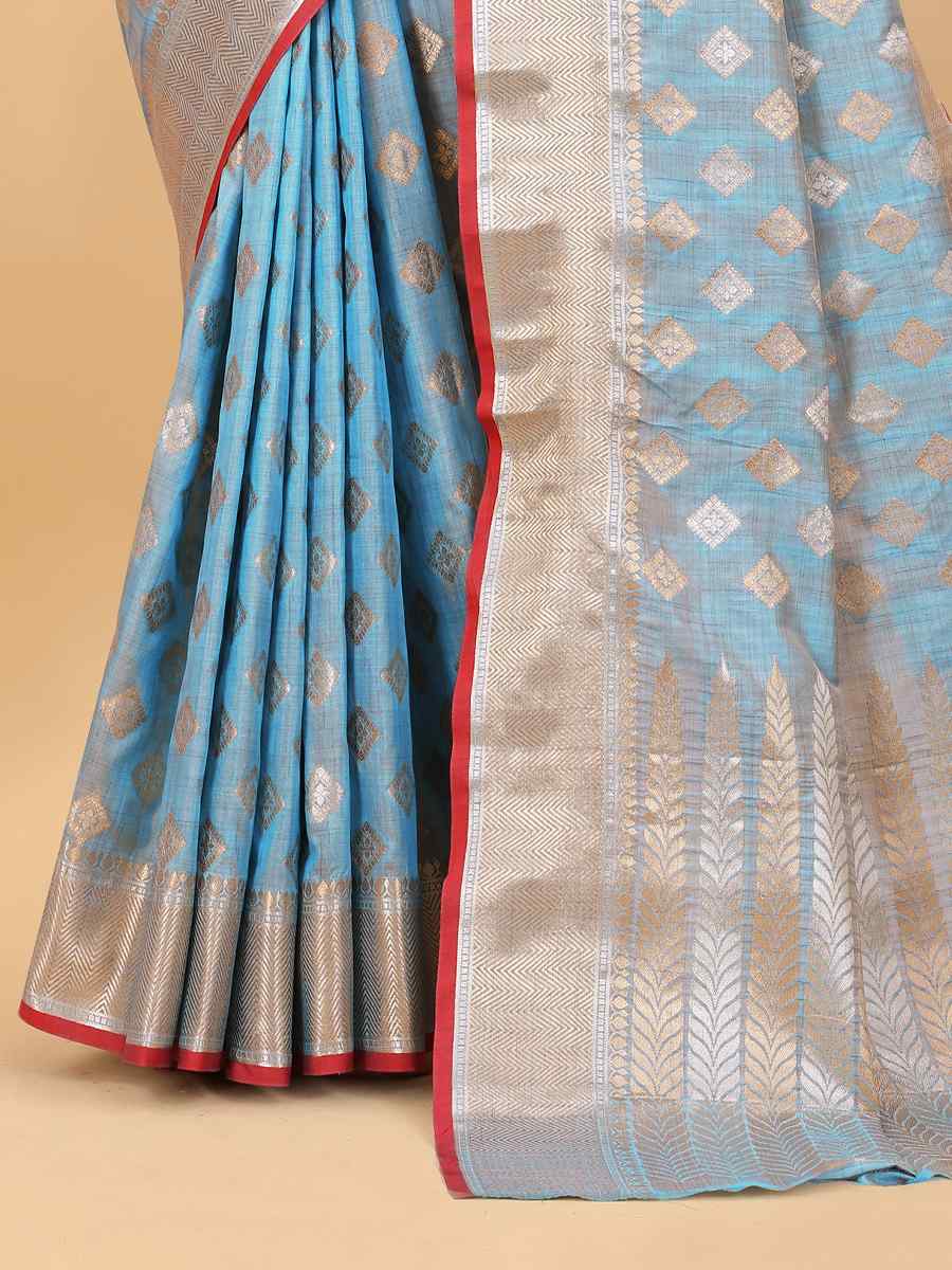 Blue Soft Silk Handwoven Wedding Festival Heavy Border Saree