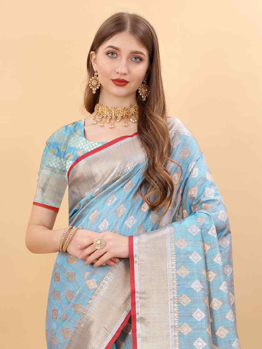 Blue Soft Silk Handwoven Wedding Festival Heavy Border Saree
