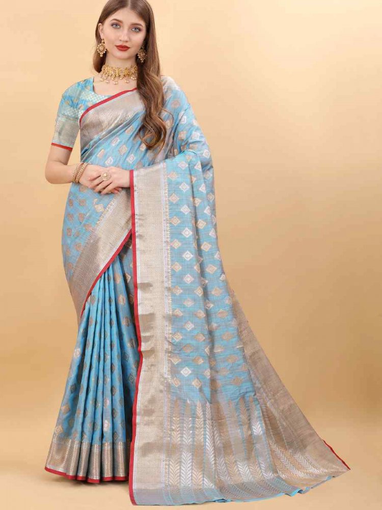 Blue Soft Silk Handwoven Wedding Festival Heavy Border Saree