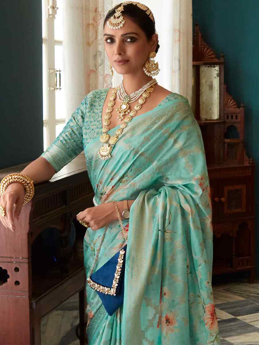 Blue Soft Silk Printed Casual Festival Contemporary Saree