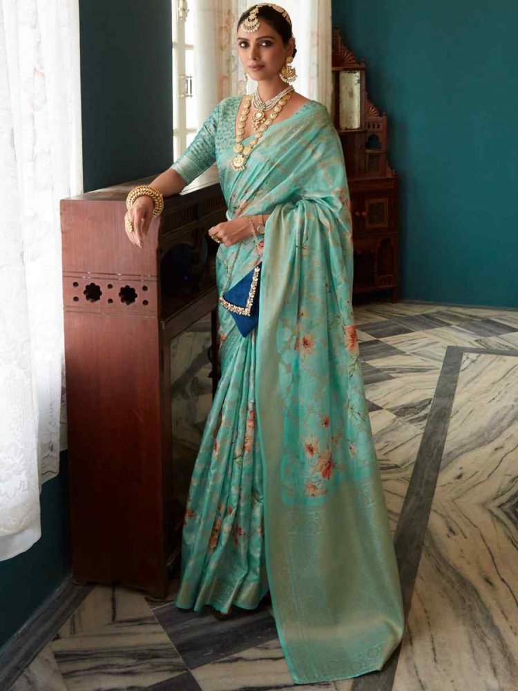 Blue Soft Silk Printed Casual Festival Contemporary Saree