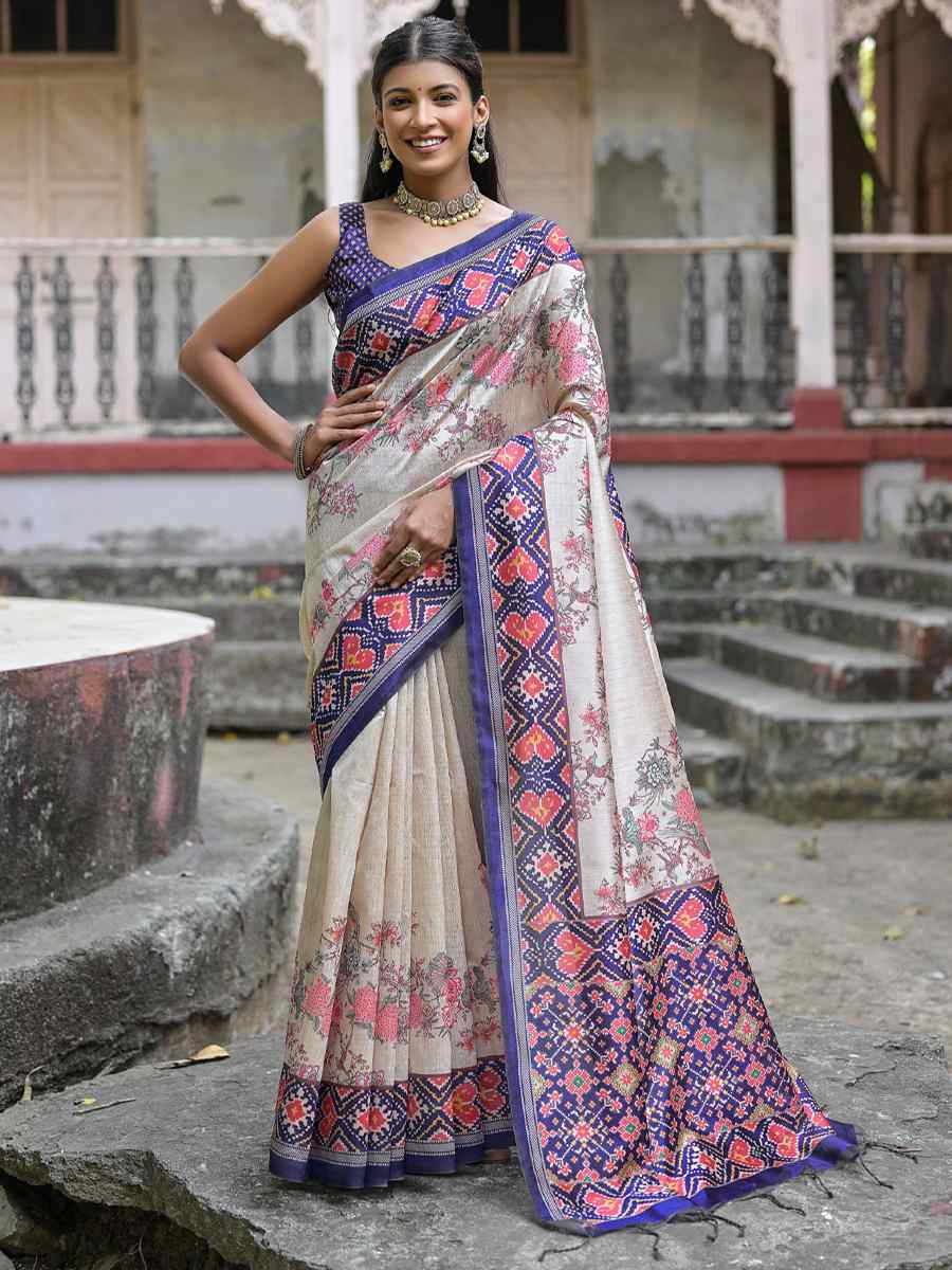 Blue Soft Tussar Silk Printed Casual Festival Contemporary Saree