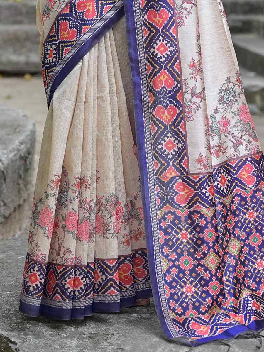 Blue Soft Tussar Silk Printed Casual Festival Contemporary Saree