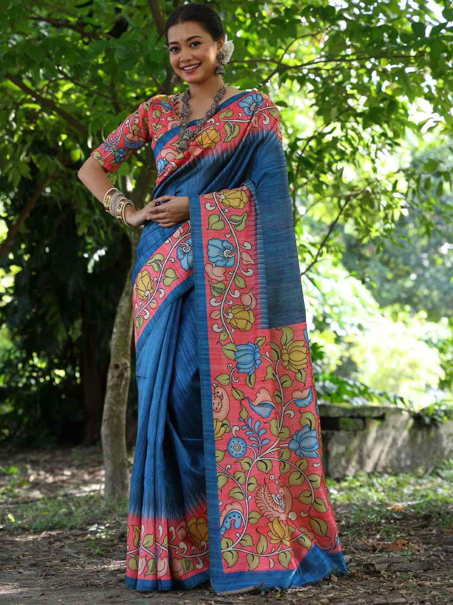 Blue Soft Tussar Silk Printed Casual Reception Festival Wedding Fancy Classic Style Sarees