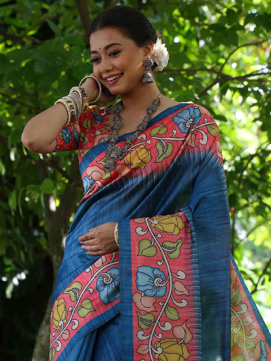 Blue Soft Tussar Silk Printed Casual Reception Festival Wedding Fancy Classic Style Sarees