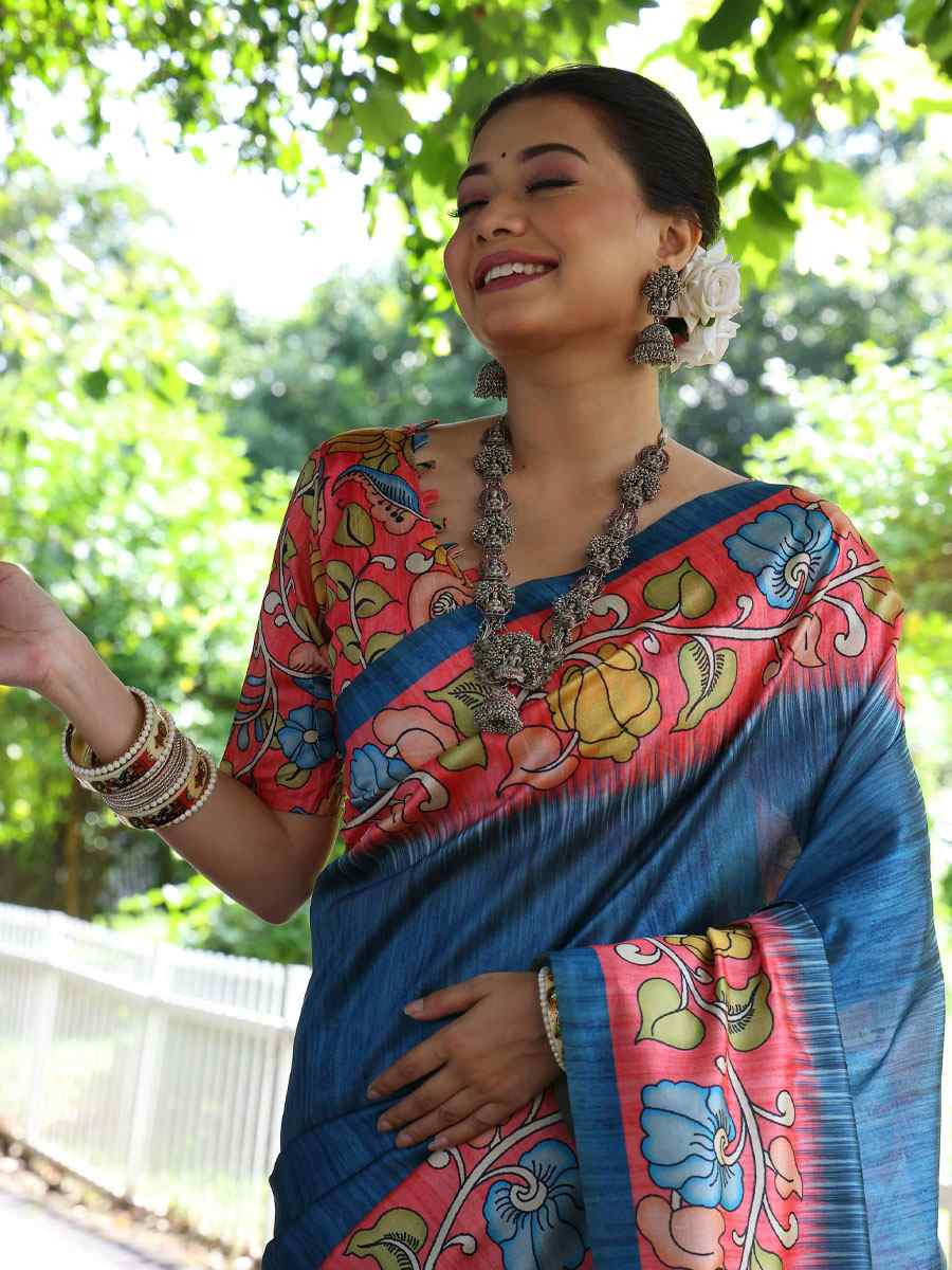 Blue Soft Tussar Silk Printed Casual Reception Festival Wedding Fancy Classic Style Sarees