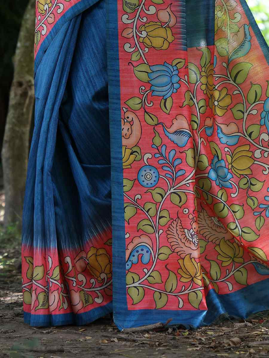 Blue Soft Tussar Silk Printed Casual Reception Festival Wedding Fancy Classic Style Sarees
