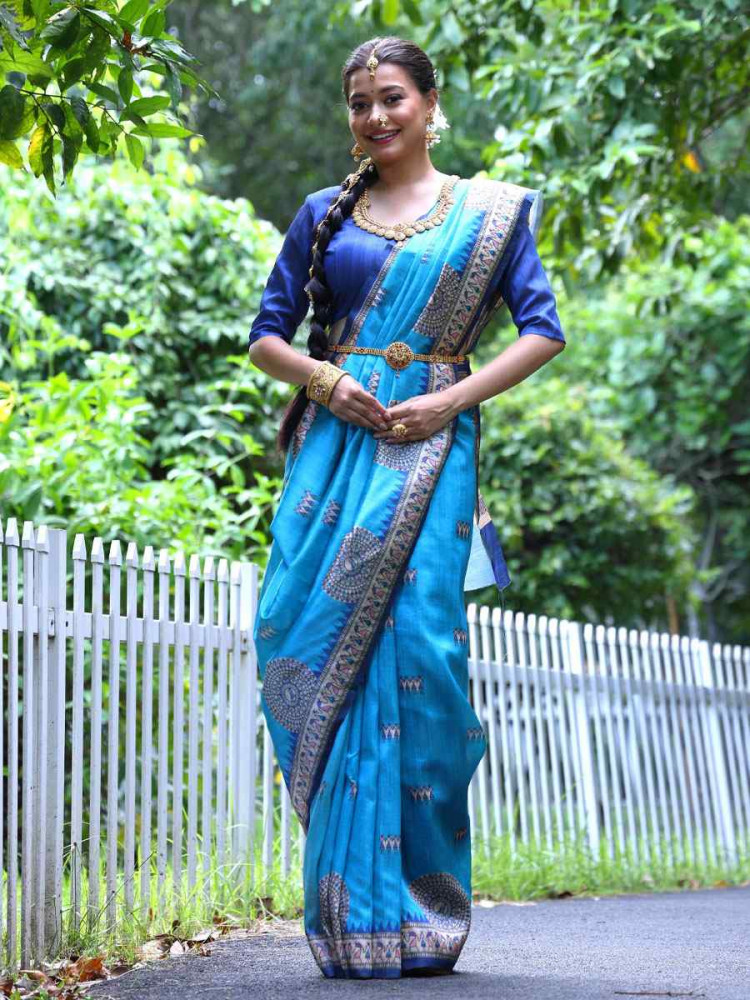 Image of Blue Soft Tussar Silk Printed Casual Reception Festival Wedding Fancy Heavy Border Saree