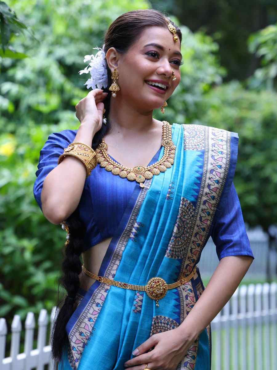 Blue Soft Tussar Silk Printed Casual Reception Festival Wedding Fancy Heavy Border Saree