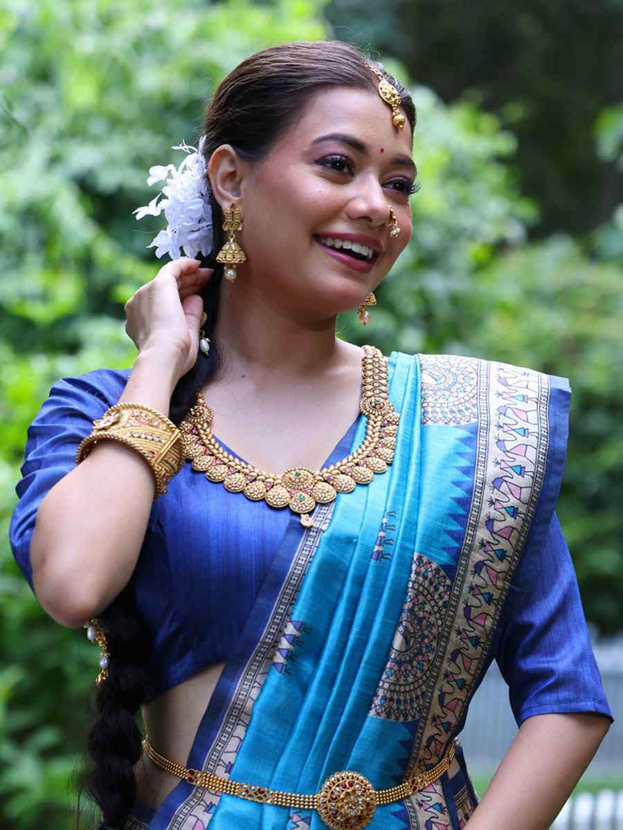 Blue Soft Tussar Silk Printed Casual Reception Festival Wedding Fancy Heavy Border Saree