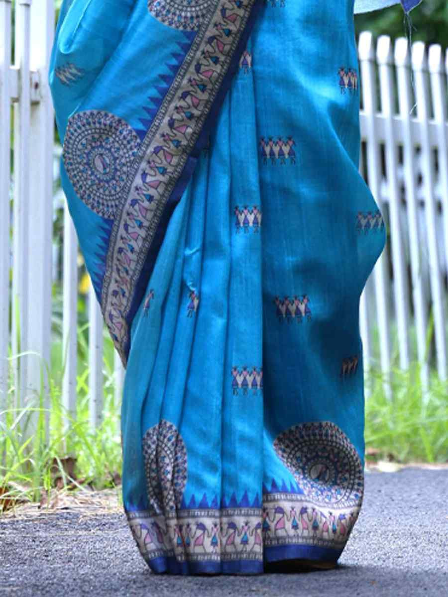 Blue Soft Tussar Silk Printed Casual Reception Festival Wedding Fancy Heavy Border Saree