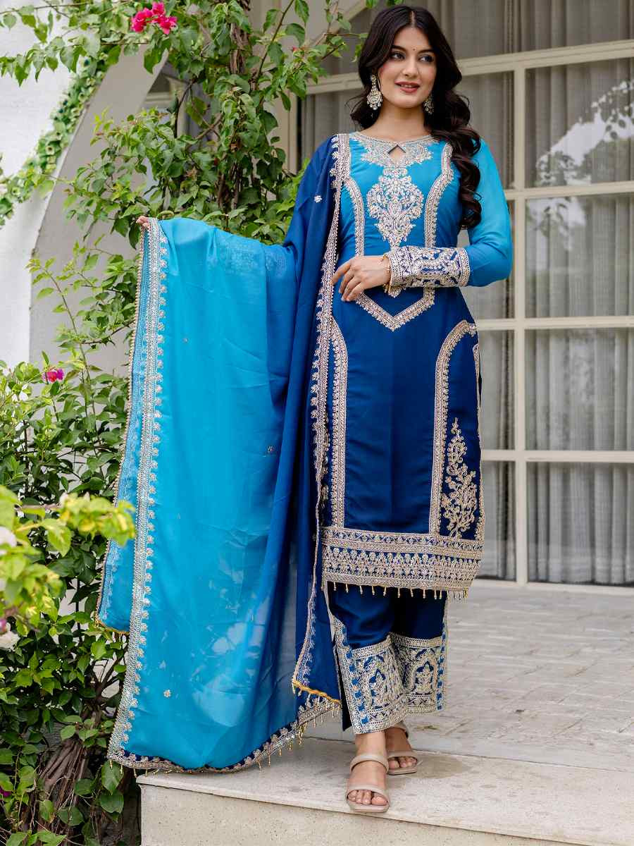 Blue Star Georgette Embroidered Festival Casual Ready Pant Salwar Kameez