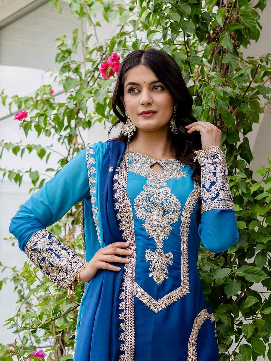 Blue Star Georgette Embroidered Festival Casual Ready Pant Salwar Kameez