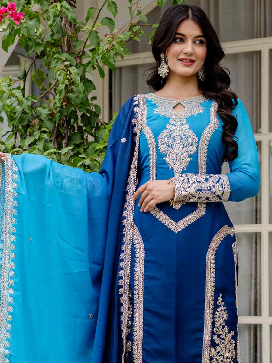 Blue Star Georgette Embroidered Festival Casual Ready Pant Salwar Kameez