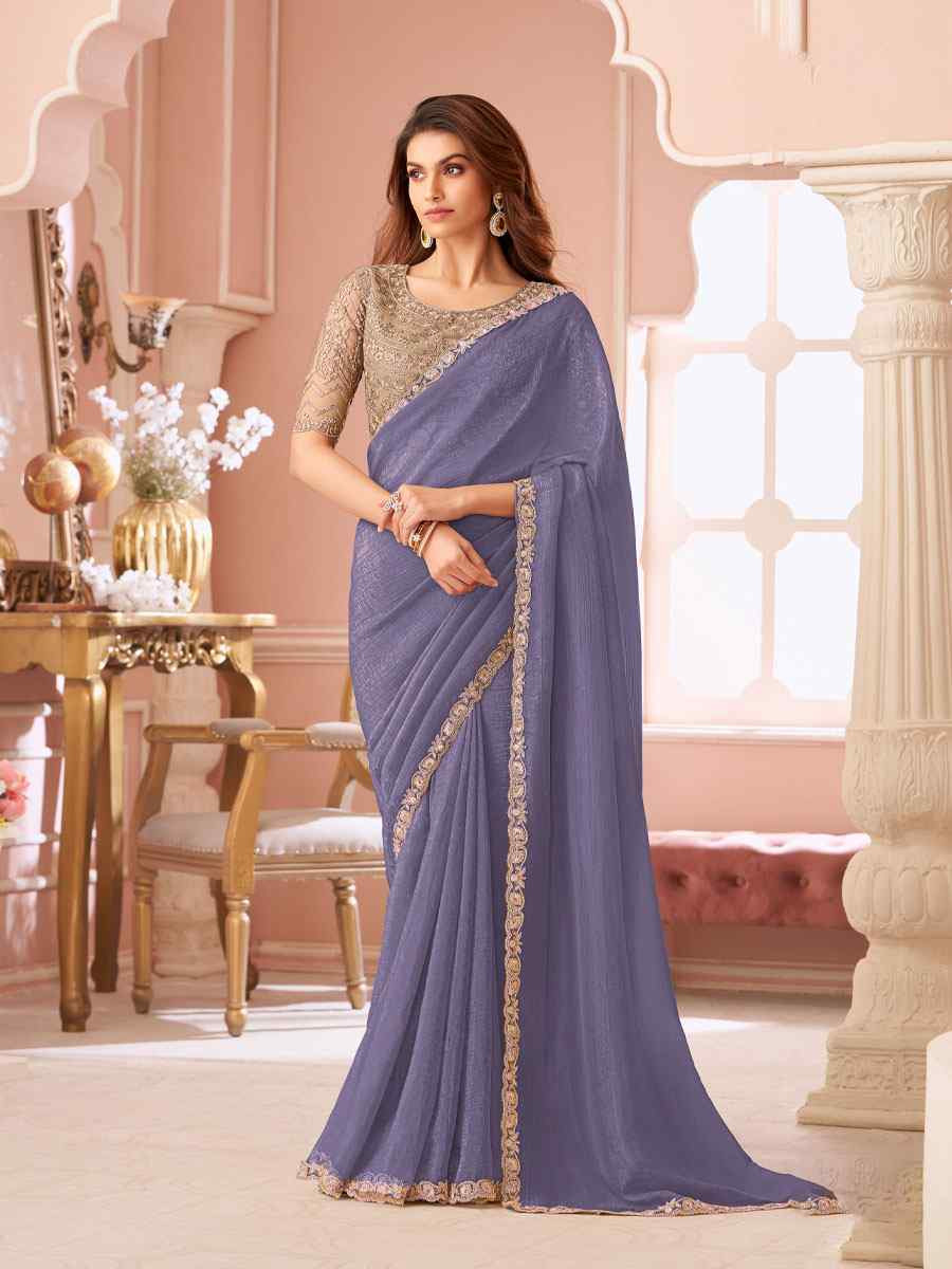 Blue Sunshine Georgette Embroidery Bridal Reception Festival Wedding Fancy Heavy Border Saree