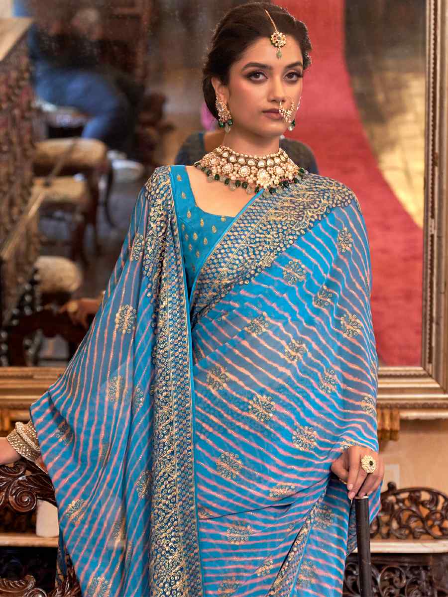 Blue Super Georgette Handwoven Party Festival Heavy Border Saree