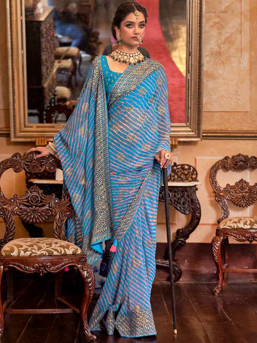 Blue Super Georgette Handwoven Party Festival Heavy Border Saree