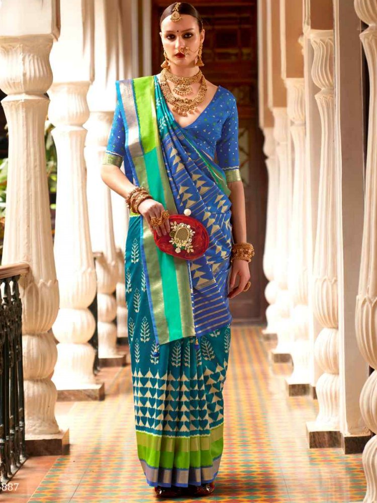 Blue Superior P V Silk Handwoven Wedding Festival Heavy Border Saree