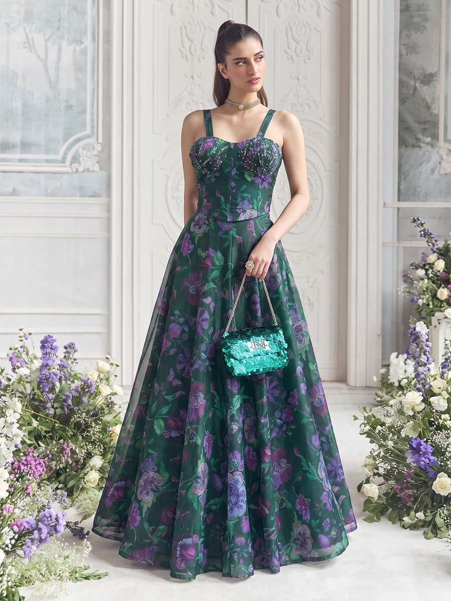 Blue Tabby Organza Printed Wedding Reception Party Wear Festival Ready Contemporary Lehenga Choli