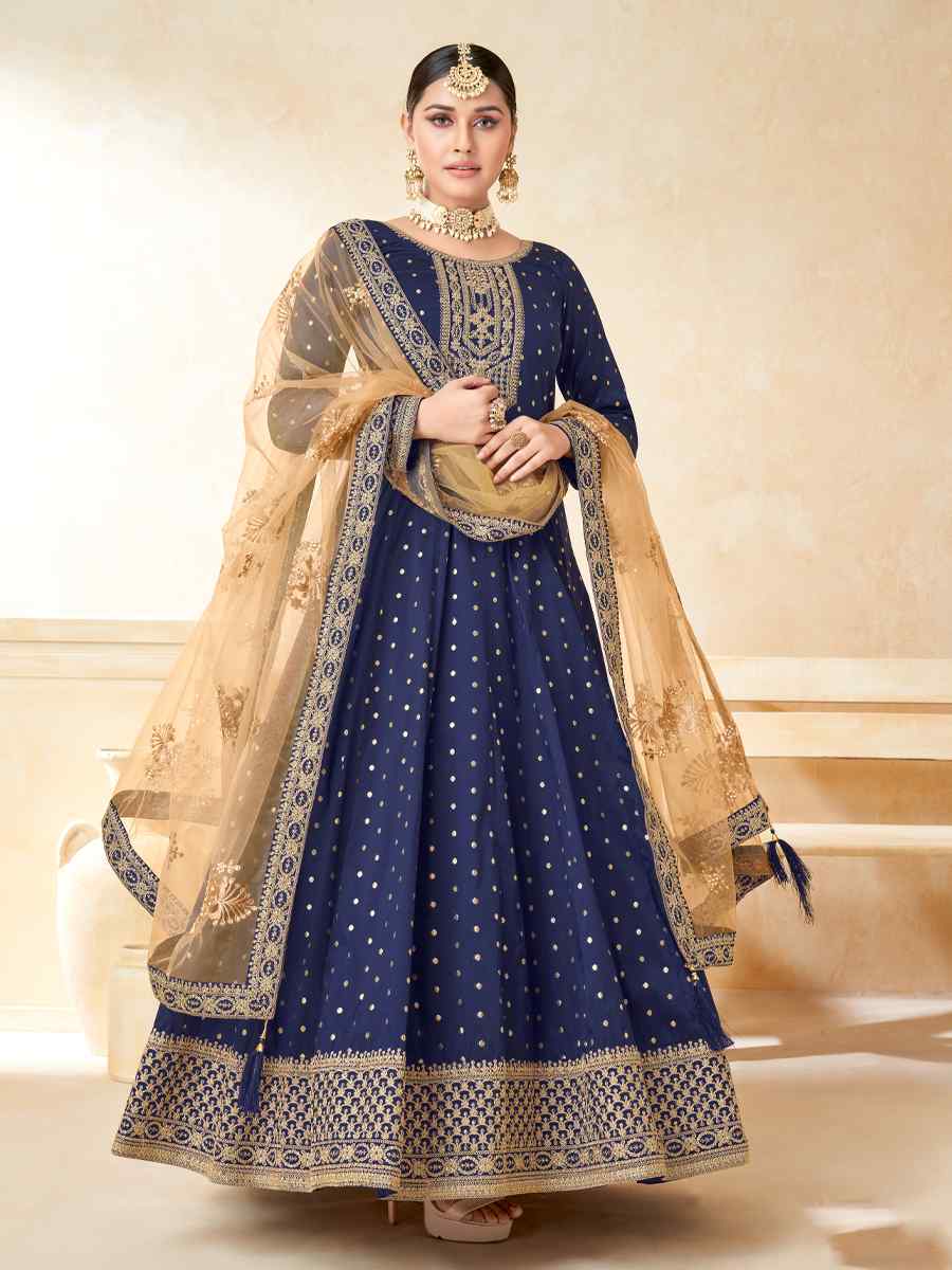 Blue Tafeta Butti Embroidered Wedding Festival Anarkali Salwar Kameez